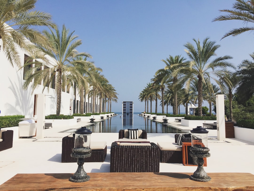 Luxury resort pool landscape with palms